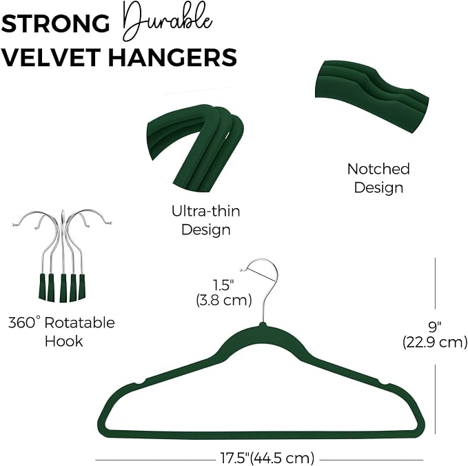 HOUSE DAY Premium Velvet Hangers 50 Pack, Non-Slip Flocked Felt Hangers, Sturdy Clothes Hanger with 360° Rotatable Hook, Heavy Duty Durable Slim Coat Hanger for Closet Space Saving(Emerald Green) - Image 5