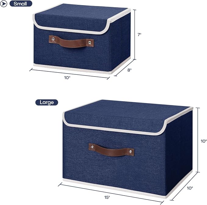 ANMINY Storage Bin with Lid Storage Boxes with PU Leather Handles PP Plastic Board Decorative Foldable Lidded Cotton Linen Fabric Home Cubes Baskets Closet Organizer Container - Blue, Small Size - Image 5