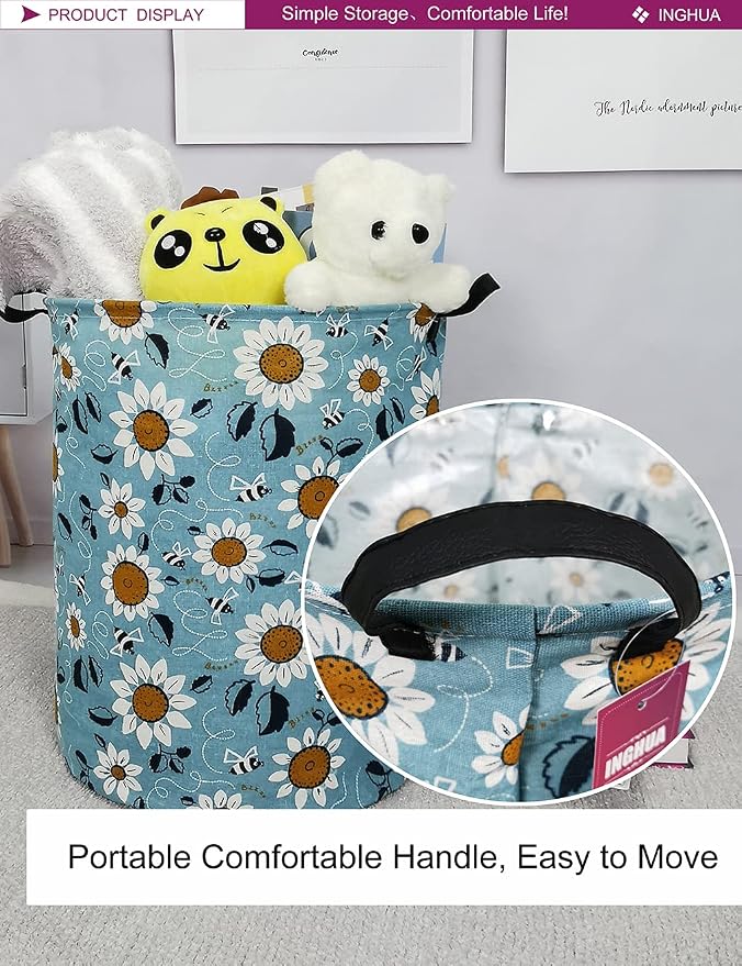 Laundry Hamper Large Canvas Fabric Lightweight Storage Basket/Toy Organizer/Dirty Clothes Collapsible Waterproof for College Dorms, Boys and Girls Bedroom,Bathroom (Sunflower) - Image 5