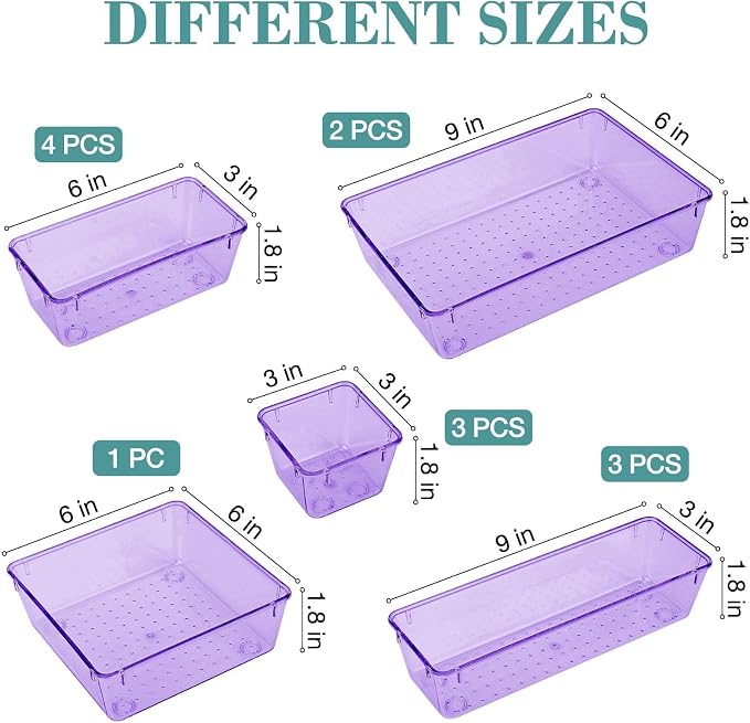 StorMiracle 13 PCS Drawer Organizer Set, 5 Varied Size Bathroom and kitchen Drawer cabinet organizer Trays, Clear Storage Bins for Makeup, Jewelry, Utensils and Gadgets, Purple - Image 2