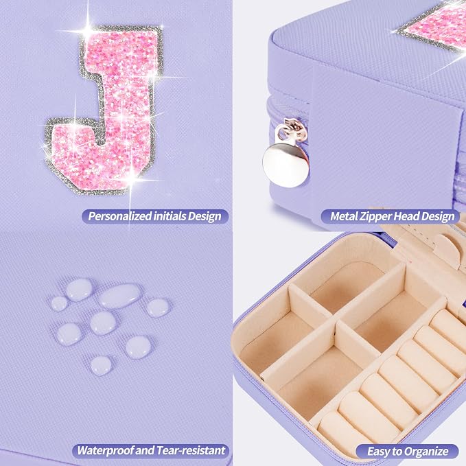 Uygafly Travel Jewelry Case - Personalized Jewelry Box for Women,Small Jewelry Organizer Cute Jewelry Organizers and Storage Aesthetic,Travel Essentials Birthday Gifts for Girls Women | Lavender,J - Image 4