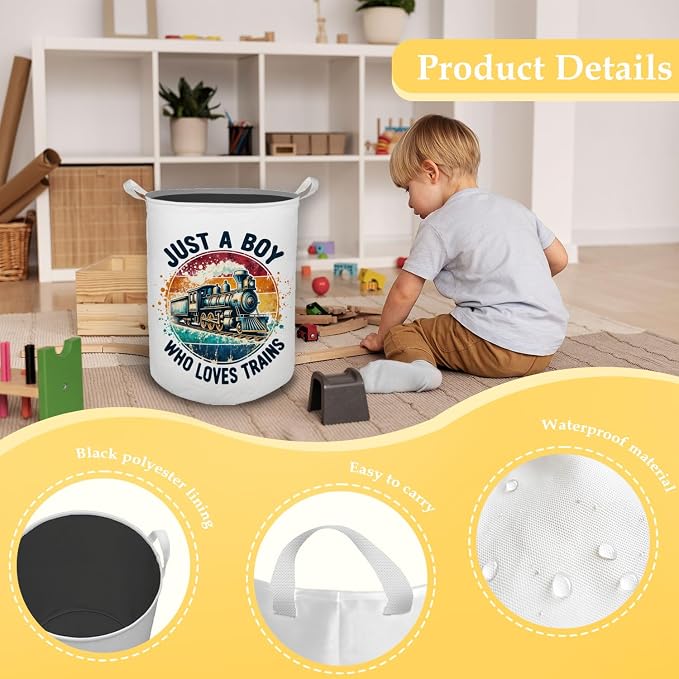 Just a Boy Who Loves Trains Laundry Basket, Toybox for Boys, Gifts for Train Lovers Enthusiasts Laundry Hamper Waterproof Collapsible Storage Bin Organizer for Bedroom Bathroom Dorm Clothes Toys - Image 6