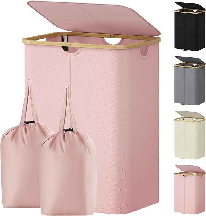 Lifewit 150L Double Laundry Hamper with Lid, Large Laundry Basket with Removable Bag & Bamboo Handles, Fodable Tall Dirty Clothes Hamper for Laundry Collapsible Bin for Bathroom Bedroom Dorm, Pink by Lifewit