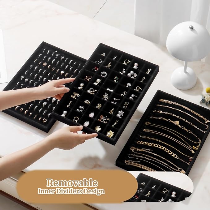 Large Velvet Jewelry Tray 2 Pack Stackable Jewelry Display Drawer Inserts Trays Organizer for Earring Bracelet Necklace Ring (Black, 40 Grids) - Image 3