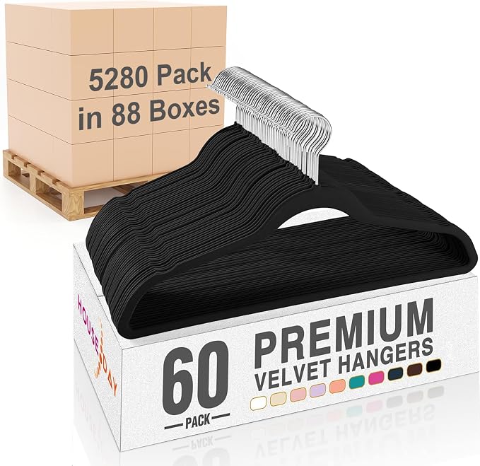 HOUSE DAY Black Velvet Hangers 5280 Pack (88 Cases, 60P/Case) Pallet Package for Small Business, Non Slip Clothes Felt Hanger Heavy Duty for Coat, Premium Slim Space Saving Suit Hangers by HOUSEDAY