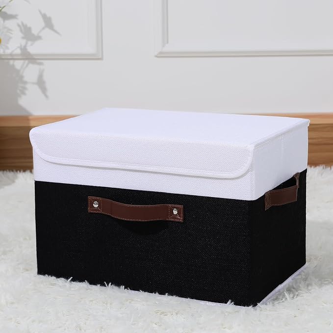 ANMINY Storage Boxes with Lids Washable Decorative Storage Bins Basket with PU Leather Handle Foldable Linen Fabric Storage Cubes Containers for Home Closet Organizer - Black White, Large Size - Image 6