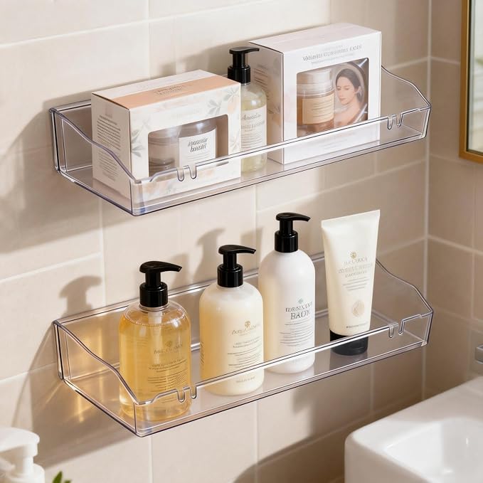 Clear Floating Shelves, Acrylic Shelves for Bathroom Organizers and Storage, Bathroom Shelf with Adhesive Shelf or Screws, Wall Mount Organizer for Shower Caddy,Room Decor, Kitchen, Living Room - Image 8