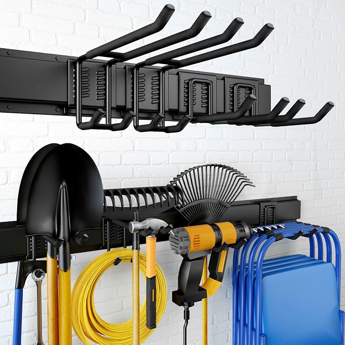 UUP 32 Inches Garage Storage, Garage Organization, Wall Mount Garden Tool Organizer, Max 300lbs Adjustable Metal Hooks, Yard Shed Hanging Rack, Heavy Duty Shelving for Rake Broom Mop Snowboard by UUP