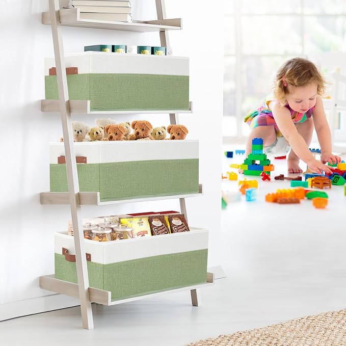 3 Pack Large Capacity Storage Bins Closet Organizer for Shelves, Fabric Closet Storage Baskets Boxes with Leather Handles for Organizing Clothes, Sheets, Jeans, Toys, Books (Green) - Image 2
