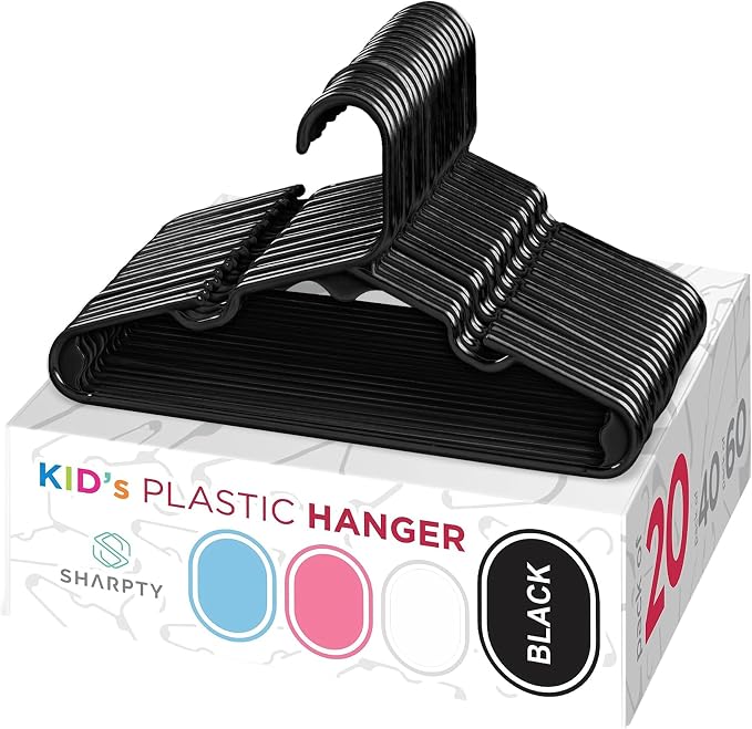 Sharpty Kids Plastic Hangers, Children's Hangers for Baby, Toddler, and Child Clothes - Everyday Standard Use - Ideal for Boys and Girls Closet, Clothing, Pants, Coats, and More - Black, 20 Pack by Sharpty