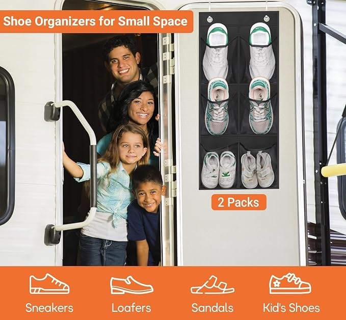 KIMBORA 2 Packs Narrow Over the Door/Wall Shoe Organizer, Small Hanging Shoe Rack for Closet with Clear Mesh Pocket for Bathroom, RV, Pantry, Camping (Black) - Image 2