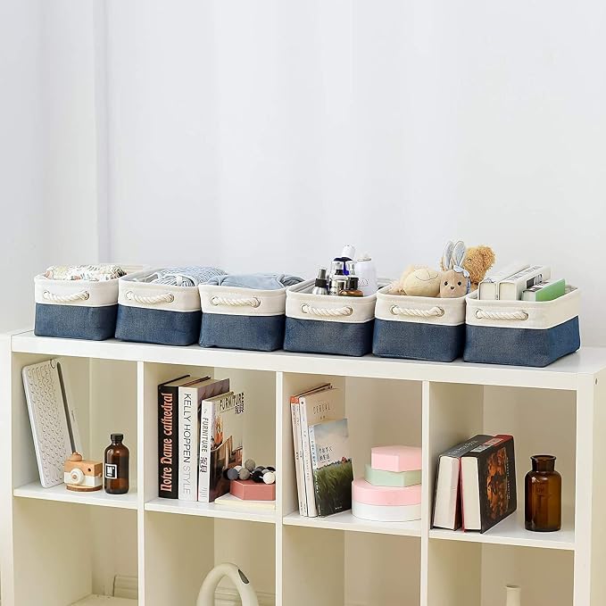 TheWarmHome Storage Bins for Shelves - 12x8x5.2 inch 1 Pack Baskets for Gifts Empty, Fabric Storage Cubes for Closet Organizing Dog Gift Cloth Toy (White & Jean Blue) - Image 3