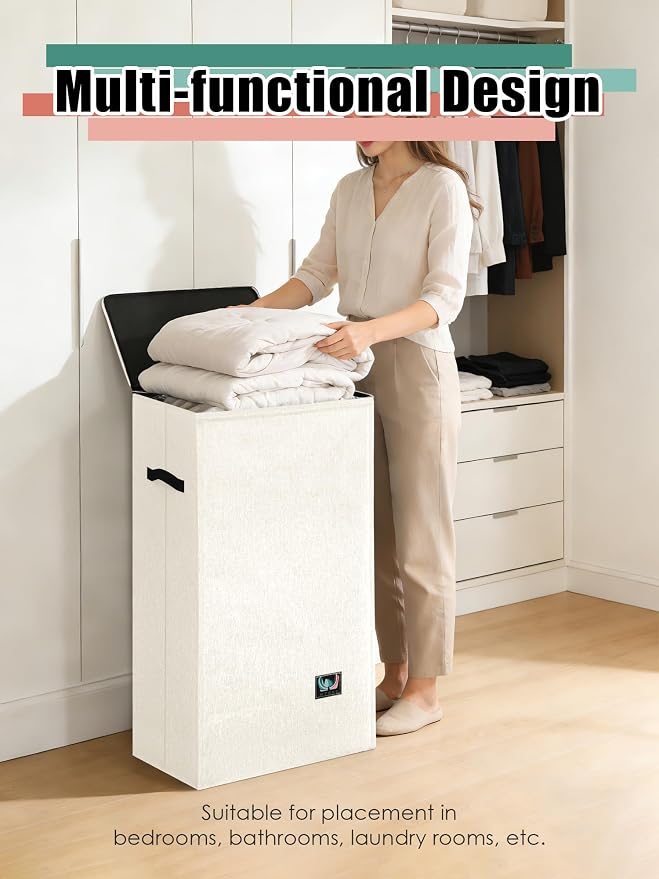 WTREE Laundry Hamper with Lid, Reinforced Sturdy Clothes Hamper with Anti-Puncture Base, Large Collapsible Laundry Basket with Removable Liner Bag, Tall Dirty Clothes Bin for Family, 100L Cream - Image 6