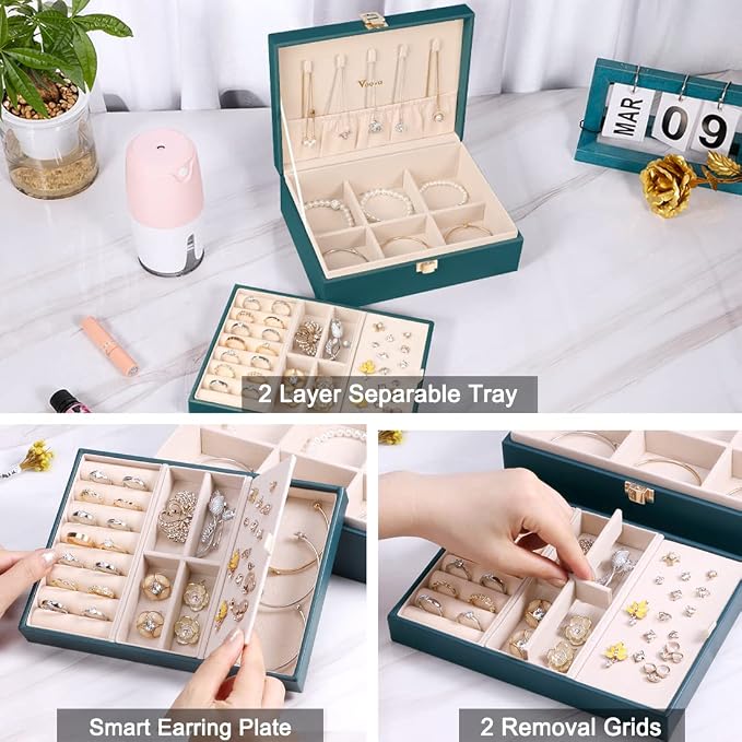 Voova Jewelry Box Organizer for Women Girls, 2 Layer Large Men Jewelry Storage Case, PU Leather Display Jewellery Holder with Removable Tray for Necklace Earrings Rings Bracelets, Indigo - Image 3