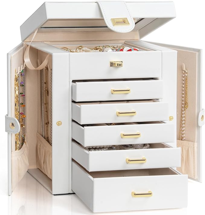 AKOZLIN Functional 6-Tier Jewelry Box Organizer with 5 Drawers Leather Jewelry Storage Case for Women Girls Ring Necklace Earring Bracelet Holder Organizer with Mirror White by AKOZLIN