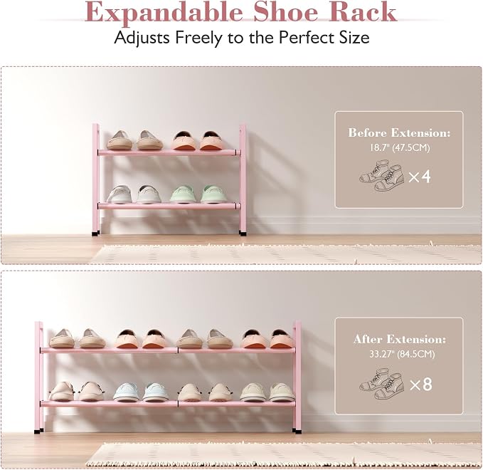 Bumusty 2-Tier Expandable Shoe Rack for Closet, 18“-33” Adjustable Shoe Rack for Small Space, Small Shoe Organizer for Front Door, Sturdy Metal, Pink - Image 5