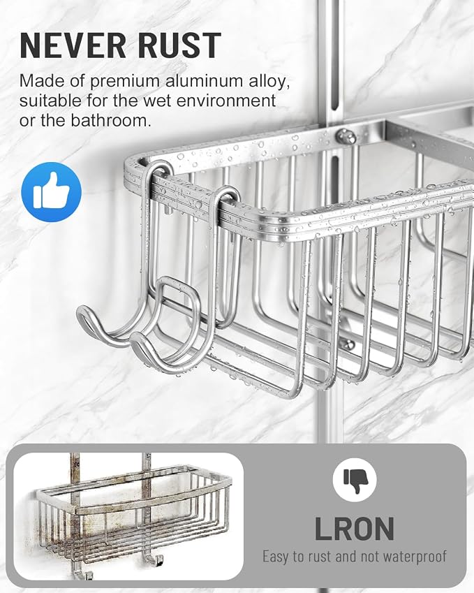 Adjustable Shower Caddy Hanging for Handheld Showerheads - Never Rust Shower Hanging Organizer, Upgraded Bathroom Shower Rack with Soap Basket, Hooks and Toothbrush Holder (Silver) - Image 5