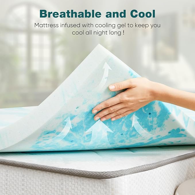 Sweetcrispy Mattress Topper Queen, Memory Foam 3 Inch Thick Gel Infused Cooling Toppers Pad for Queen Size Bed, Sleeper Sofa, RV, Camper, CertiPUR US, Breathable