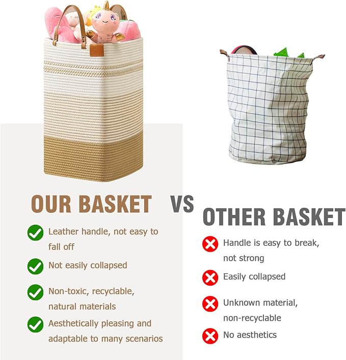 danpinera 100L Nursery Hamper, Tall Woven Laundry Basket with Long Leather Handles, Boho Laundry Hamper for Living Room & Bedroom, Eco-friendly & Convenient Decorative Storage Basket White & Jute - Image 7