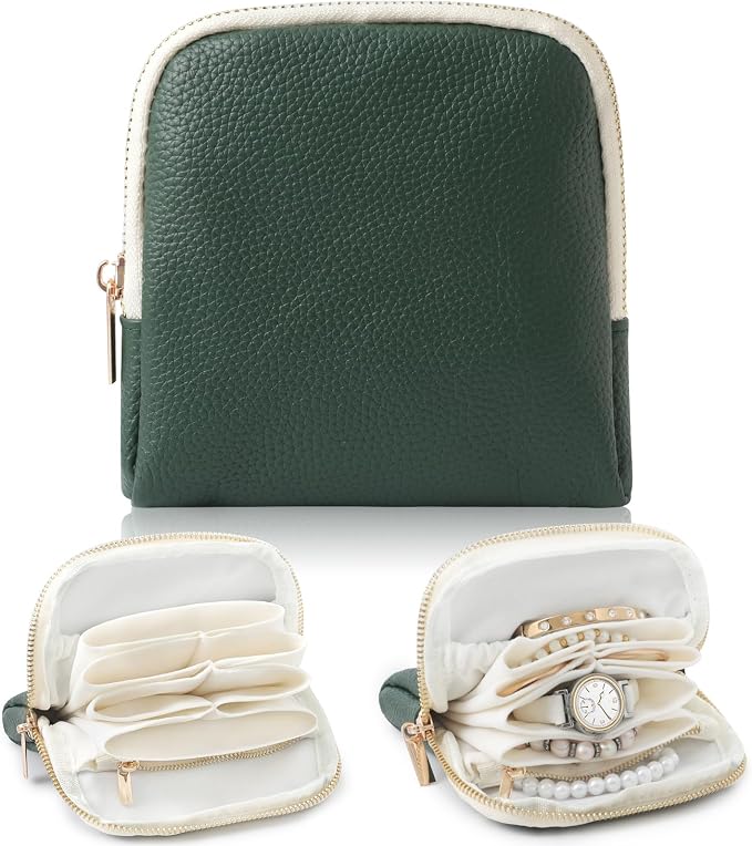 Genuine Leather Travel Jewelry Organizer Case Pouch Bags with Zipper, Small Mini Portable Jewelry Storage Bag for Ring Earrings Necklace Bracelet Travel Essentials Gift for Women（Dark Green） by NGVRC