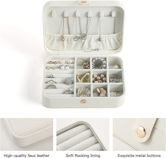 CASEGRACE Travel Jewelry Box Small Jewelry Organizer Case Display Storage for Earrings Necklace Rings Bracelets Portable Jewelry Organizer for Women Girls, White - Image 5