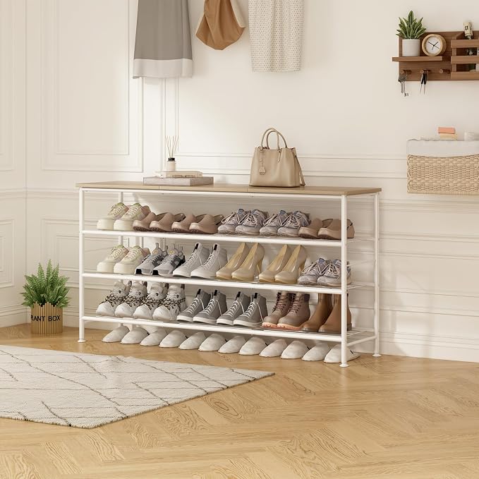 SUOERNUO Shoe Rack Organizer 4 Tier for Closet Entryway Free Standing Metal Storage Shoe Shelf with MDF Top Board (White+Oak, Large 4 Tier) - Image 5