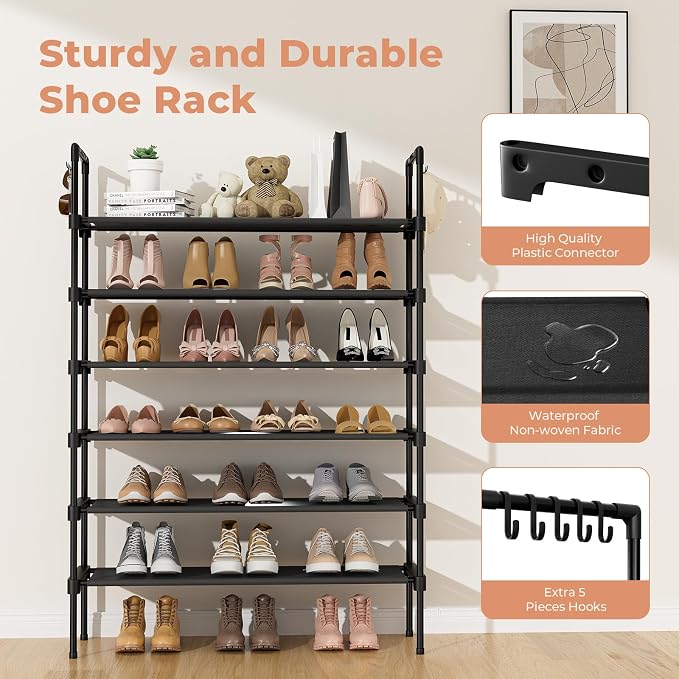 LANTEFUL 6 Tier Shoe Rack for Closet Shoe Organizer with 5 Hooks, Long Shoe Shelf Storage for Shoe and Boot Stackable Free Standing Shoe Rack for Entryway, Garage, Small Spaces, Dorm, Black - Image 4