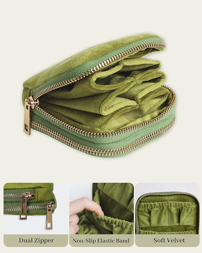 Stratalife Travel Jewelry Case Organizer 2-Layer Compact Storage Bag for Rings Earrings Necklace Bracelet Portable Velvet Jewelry Pouch with Zippers Accessories Travel Essential Gift for Women Green - Image 4