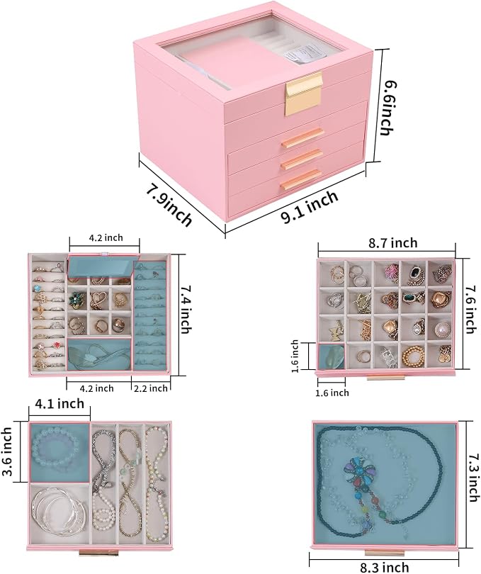 BOOVO Clear Lid Jewelry Box,4 Layers Jewelry Organizer Large Jewelry Storage Box with 3 Drawers,Jewelry Holder Organzier of Rings Earrings Necklace Bracelets for Women (Pink, 4 Layer) - Image 4