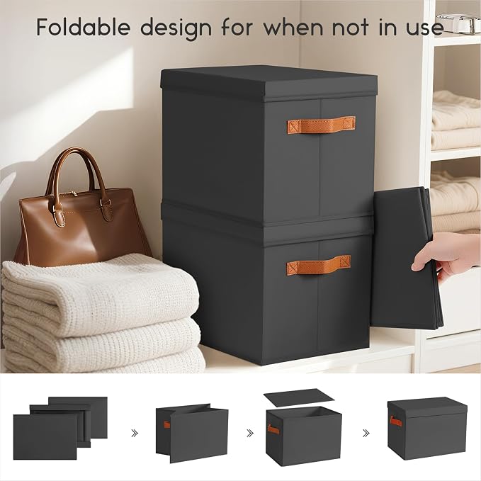 Homsorout Storage Bins with Lids - Large Fabric Closet Bins with Lid, 6 Pack Clothes Organizers and Storage, Collapsible Stackable Cube Basket for Home, Office, Dorm, Black - Image 3