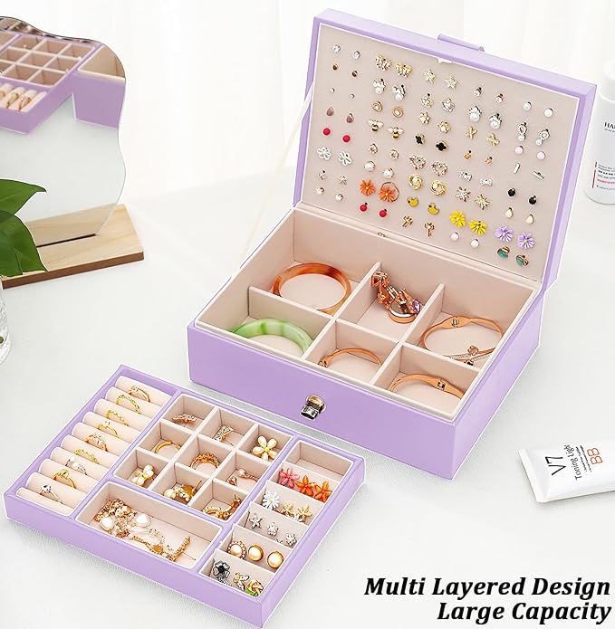 Earrings Jewelry Box for Girls, Large Capacity Jewelry Organizer with 40-Pair Earring Board, 2-Layer Leather Jewelry Storage Box for Necklaces Rings Bracelets with Removable Tray, LightPurple - Image 2