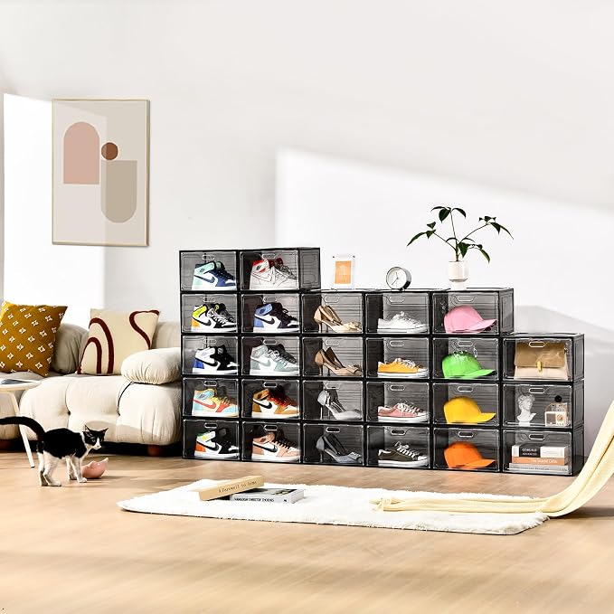 Amllas New Gray 8 Pack Shoe Boxes Stackable, Large Shoe Storage Organizer with Lids,Drop Side Shoe Containers for Entryway,Sneaker Storage Fit up to US Size 13 for Men/Women(13’’x 10.6”x 8.3”) - Image 2