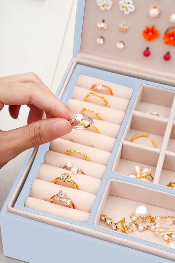 QBestry Girls Jewelry Box Earring Holder Organizer for Girls Jewelry Organizer Box Stud Earrings Organizer for Girls Womens Blue Jewelry Box for Earrings and Necklaces Rings Stud Earrings Box for Teen - Image 7