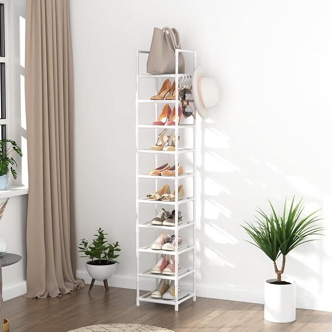 LANTEFUL Tall Narrow Shoe Rack 10-Tier Skinny Shoe Shelf Storage for 10-15 Pairs Shoes and Boots, Space Saving Corner Shoe Rack Organizer for Closet, Entryway, Garage, Living Room,White - Image 7