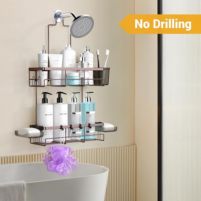 AKTECKE Shower Caddy Hanging Bathroom Organizer: Rustproof Shelf for Inside Shower - No Drilling, Over Showerhead - Bath Shelves for Shampoo, Soap - Bronze - Image 5