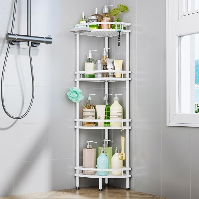 HapiRm Standing Corner Shower Caddy - 4 Tier Shower Organizer Corner with Soap Holder and 4 Hooks, Rustproof Bathroom Storage Shelves with Adhesives, White by HapiRm