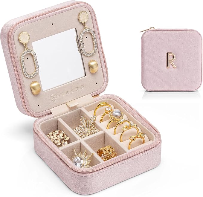 Vlando Small Travel Jewelry Box Organizer Display Case for Rings Earrings Necklaces Storage, Selected Soft Velvet, Letter R Engraved, Pink by VLANDO