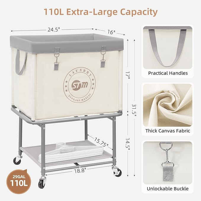 STORAGE MANIAC Rolling Laundry Cart with Storage Shelf, Heavy Duty Industrial Laundry Basket with Wheels, Commercial Metal Frame Clothes Hamper with Canvas Bag for Dorm, Closet, Bedroom, Beige - Image 3