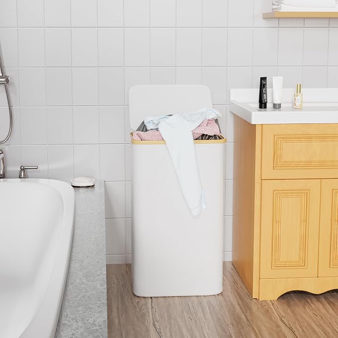 SUOCO Laundry Hamper with Lid, 29 Gal (110L) Clothes Basket with Bamboo Handles, Large Foldable Laundry Hamper for Bedroom, Bathroom, Dorm, Laundry Room - White - Image 4