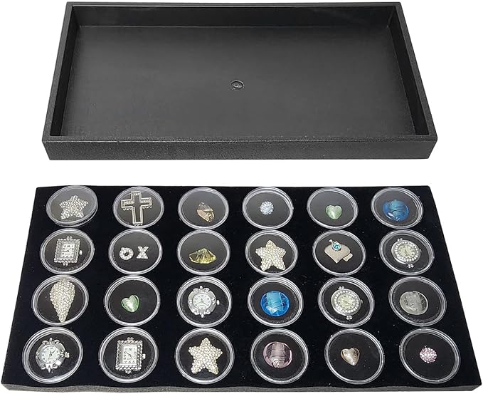 Ikee Design 24 Gem Showcase Stackable Jewelry Display Tray for Collectibles, Rock Storage Box Gemstones Bead Storage Jars, Black Foam, Black Tray, 14 7/8W x 8 3/8D x 1H in - Image 5