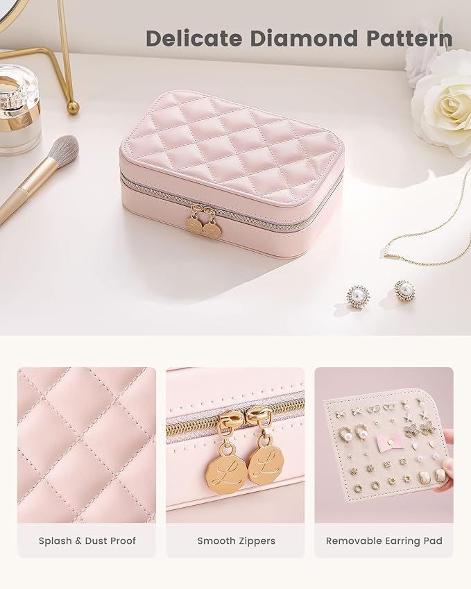 Lolalet Travel Jewelry Case for Women Girls, PU Leather Jewelry Organizer with Clear Storage Bag Small Portable Jewelry Box for Necklace Bracelet Earring Ring Mothers Day Birthday Gifts -Medium/Pink - Image 3
