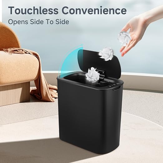 TIPGO Automatic Motion Sensor Bathroom Trash Can with Lid, 2.6 Gallon Touchless Trash Bin, Smart Garbage Can Plastic Slim Wastebasket for Bedroom, Office, Dorm (Black) - Image 2