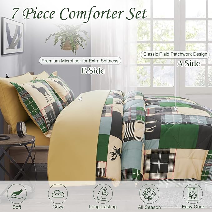 Comforter Set King Size Plaid Patchwork Comforter Bedding-7 Piece Bed in a Bag,Rustic Soft Reversible Microfiber Bedding Set(1 Comforter,1 Flat Sheet,1 Fitted Sheet,2 Pillowcases,2 Pillow Shams)Green