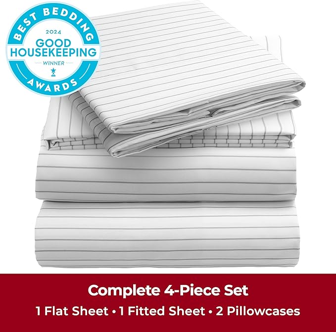 Mellanni King Sheets Set - 4 PC Iconic Collection Bedding - Hotel Luxury, Extra Soft, Cooling Bed Sheets - Wrinkle, Fade, Stain Resistant (King, Pinstripe Gray)