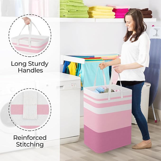 StorageRight Large Collapsible Laundry Basket Hamper with Easy Carry Handles，Freestanding Clothes Hampers for Laundry, Bedroom, Dorm, Towels, Toys, 75L, Pink - Image 4