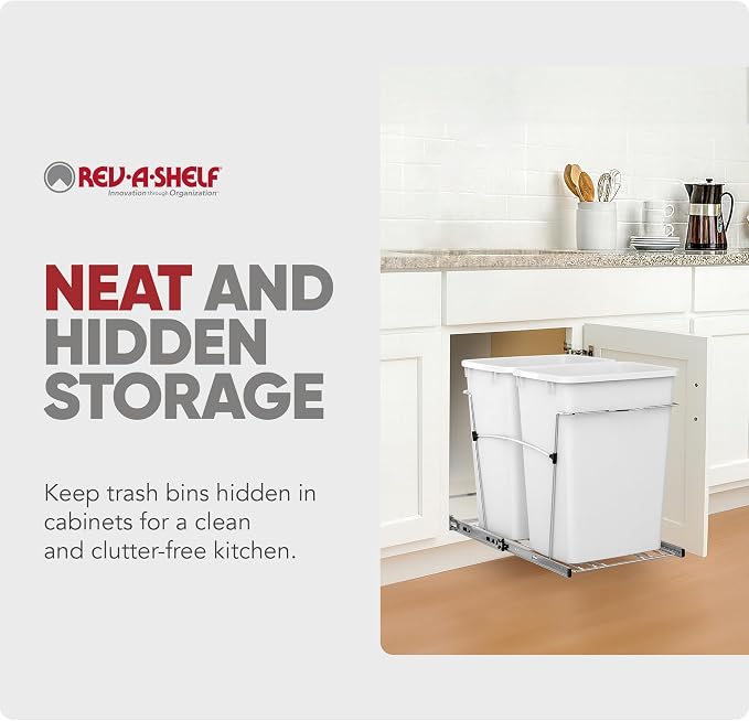 Rev-A-Shelf RV-18KD-11C S Double Pullout Trash Can for Kitchen Cabinets 35 Qt Garbage Recycling Bin on Full-Extension Slides, White - Image 5