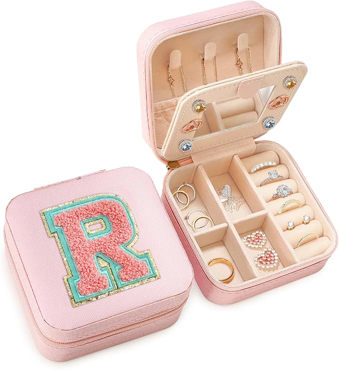 SANDJEST Personalized Jewelry Box, Pink Travel Jewelry Box with Initial R, Small Monogrammed Jewelry Case Organizer for Girls Women Teen Kids, Mini Travel Essentials Gifts for Birthday Christmas by SANDJEST