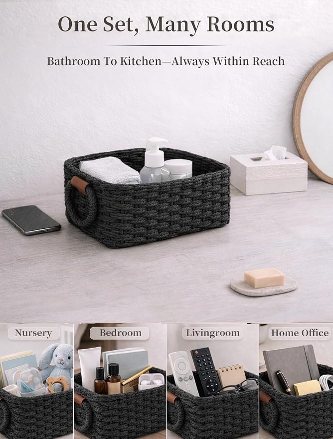 Storage Basket, Recycled Paper Rope Bathroom Basket Organizer, 3Pcs Small Baskets for Organizing, Mini wicker Basket for Decorative Storage Bins, Shelves, Bathroom, Cabinet - Black - Image 6