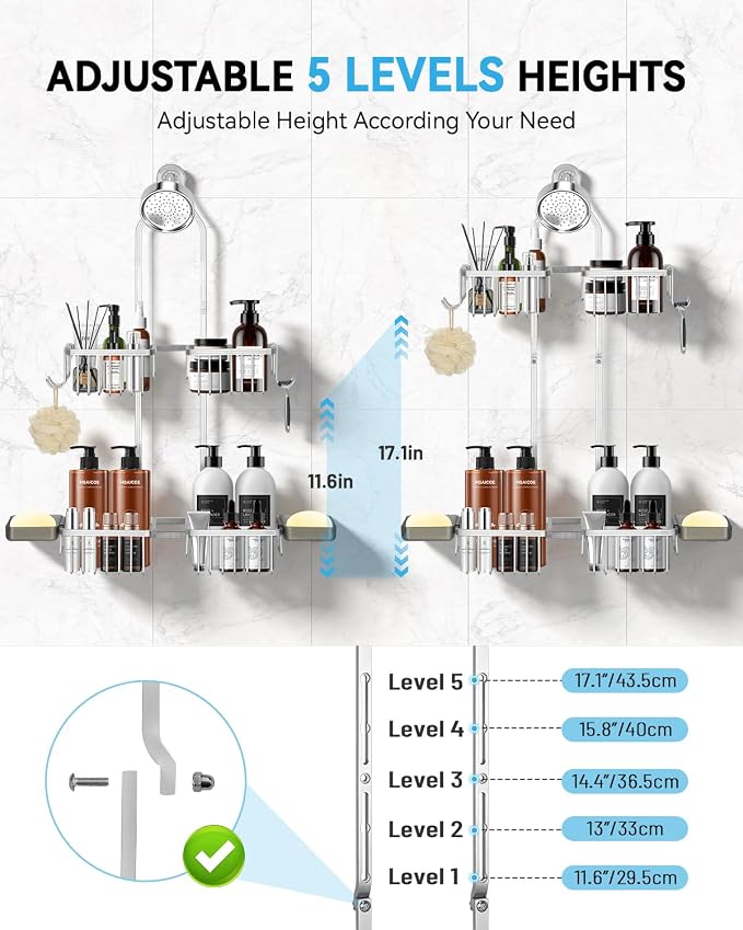 Adjustable Shower Caddy Hanging - Never Rust Shower Organizer Hanging, Aluminum Shower Racks for Inside Shower - Bathroom Organizers and Storage with 2 Soap Holders and 2 Removable Hooks, Silver - Image 3