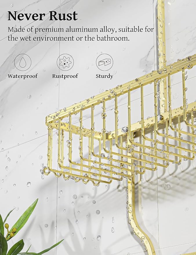 YASONIC Never-Rust Aluminum Hanging Shower Caddy – Over-the-Showerhead Organizer with 10 Hooks for Razor and Sponge – Includes Soap Basket – Gold - Image 3